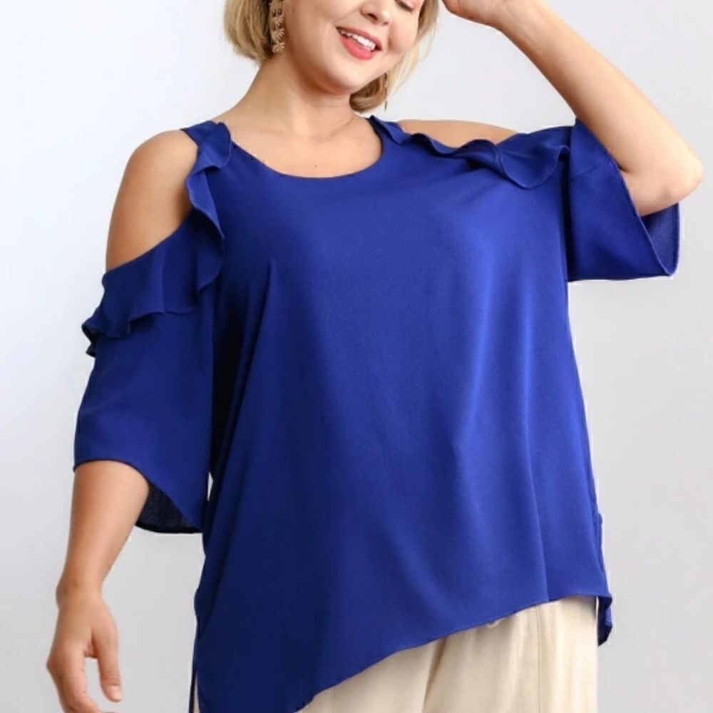 Umgee | royal blue ruffle cold shoulder top blouse 1x NWT